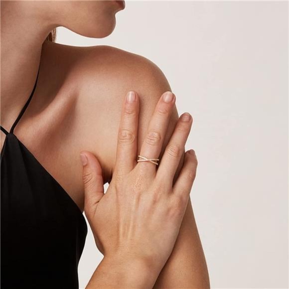 14K Gold Plated X Ring Simulated Diamond CZ Criss Cross Ring for Women - Picture 3 of 6